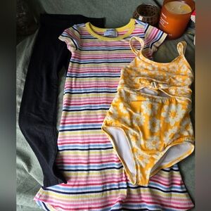 Girls Small Swimsuit Leggings Dress Ribbed Floral Cutout Rainbow Black Set 6/7